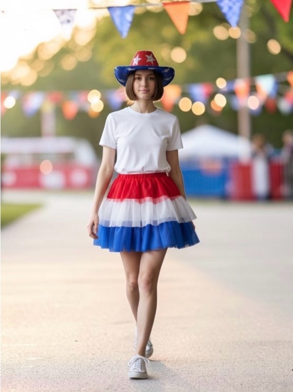 Patriotic Red, White & Blue Ruffle Skirt & Light-Up Star Hat Set – Youth XXL